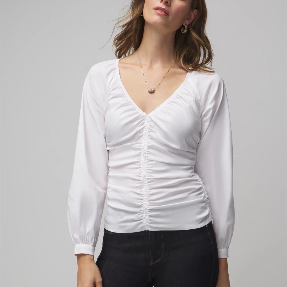 Long sleeve Ruched V neck Poplin